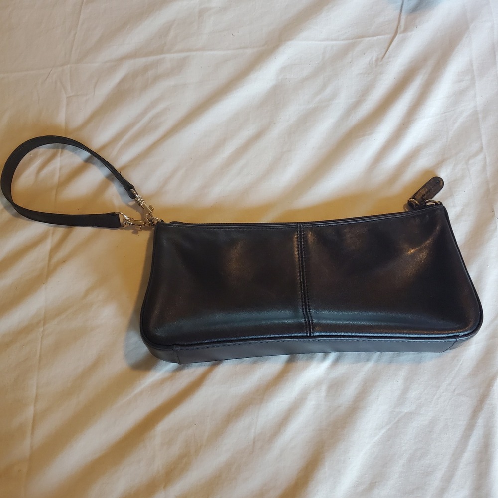 Vintage Black Leather Baguette Shoulder Bag Minimalist Y2K Clutch - Picture 4 of 8